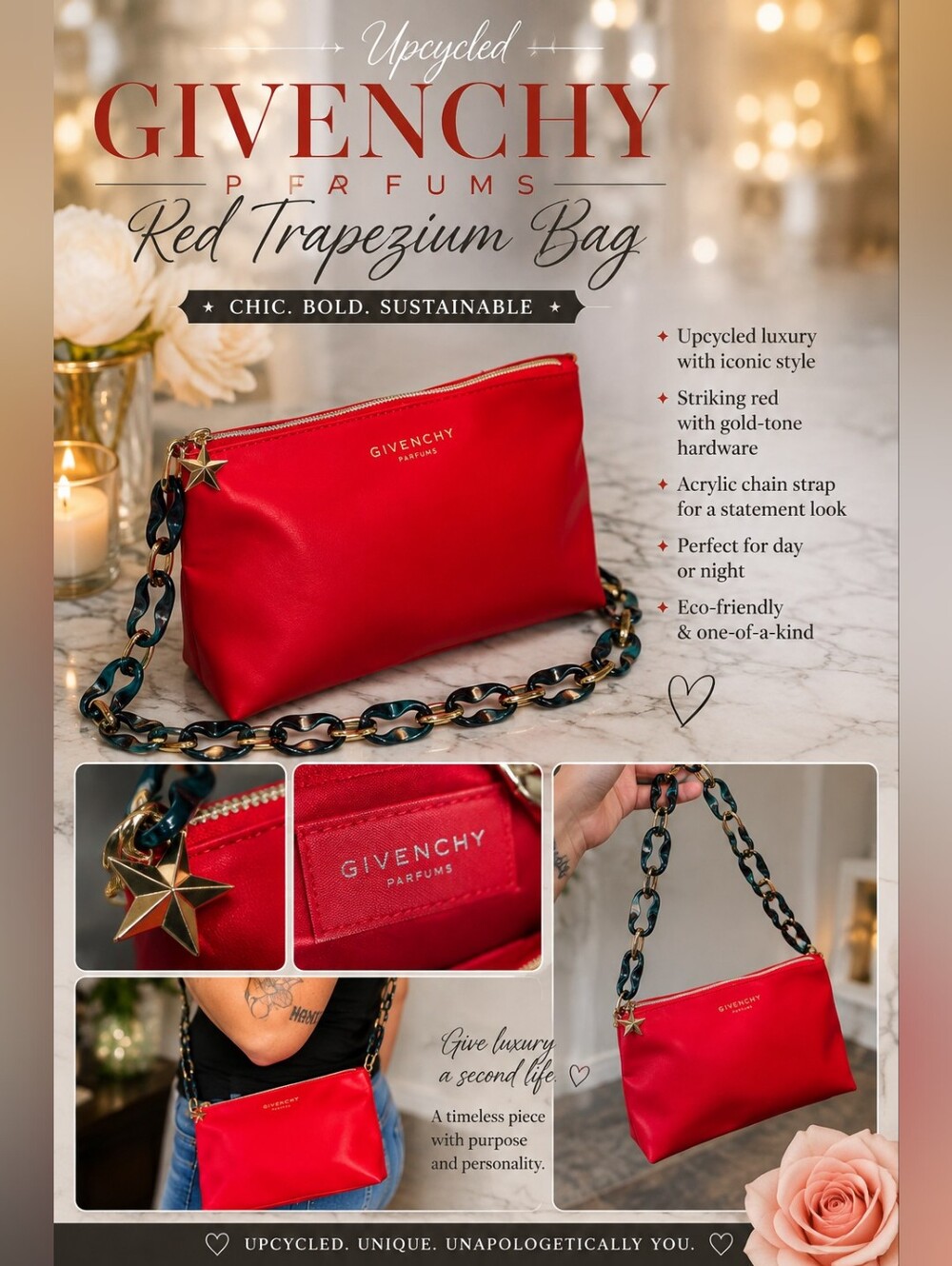 Givenchy Red Trapezium - Upcycled Shoulder Bag + Black Leather & Chain Stral